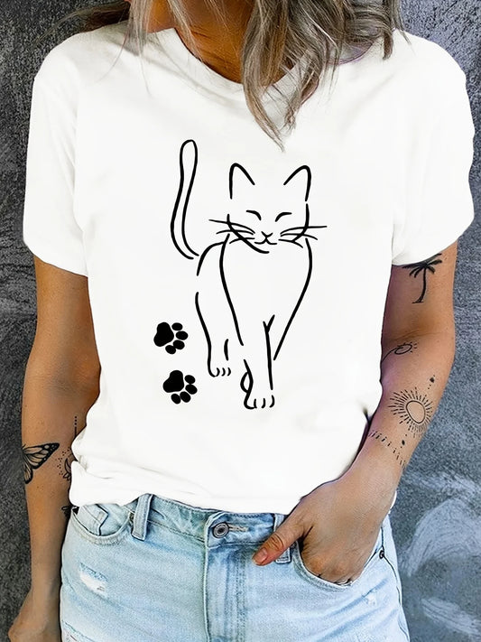 Camiseta feminina com estampa de gato e pata