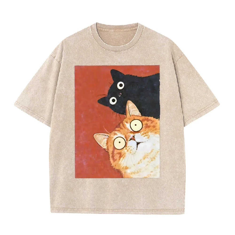 Unisex Washed Cotton T-Shirt with Surprised Cat Graphic