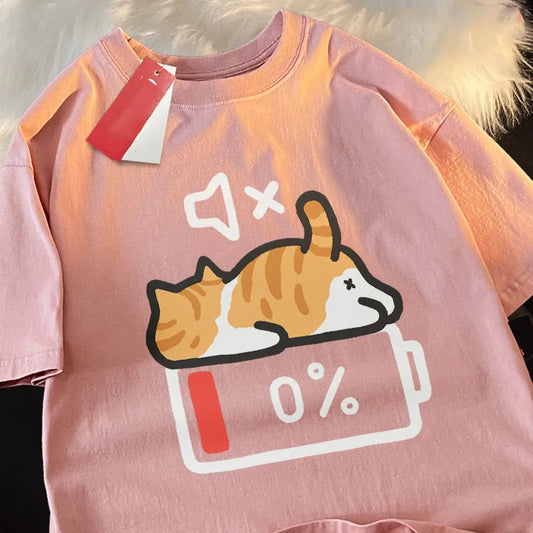 Camisa de dibujos animados de gato muerto por batería
