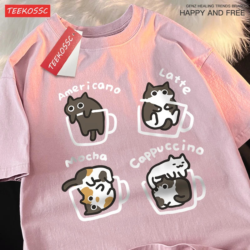 Camiseta de algodão café gato