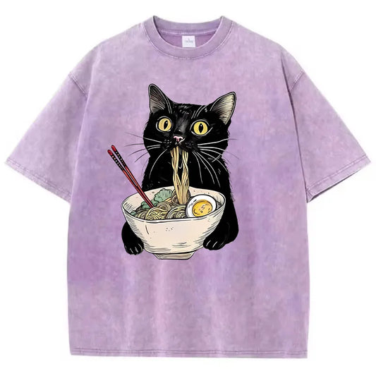Camiseta retrô gato comendo ramen