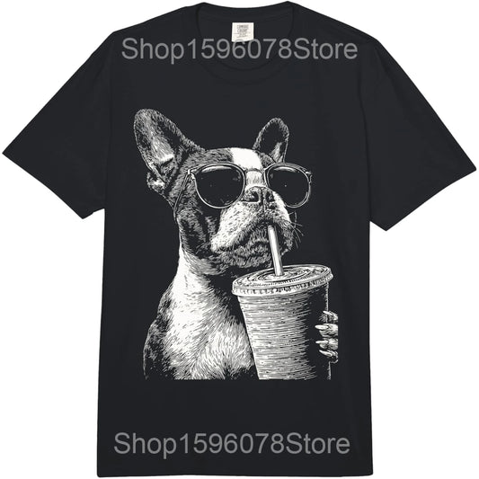 Boston Terrier Drinking Iced Coffee Shirt