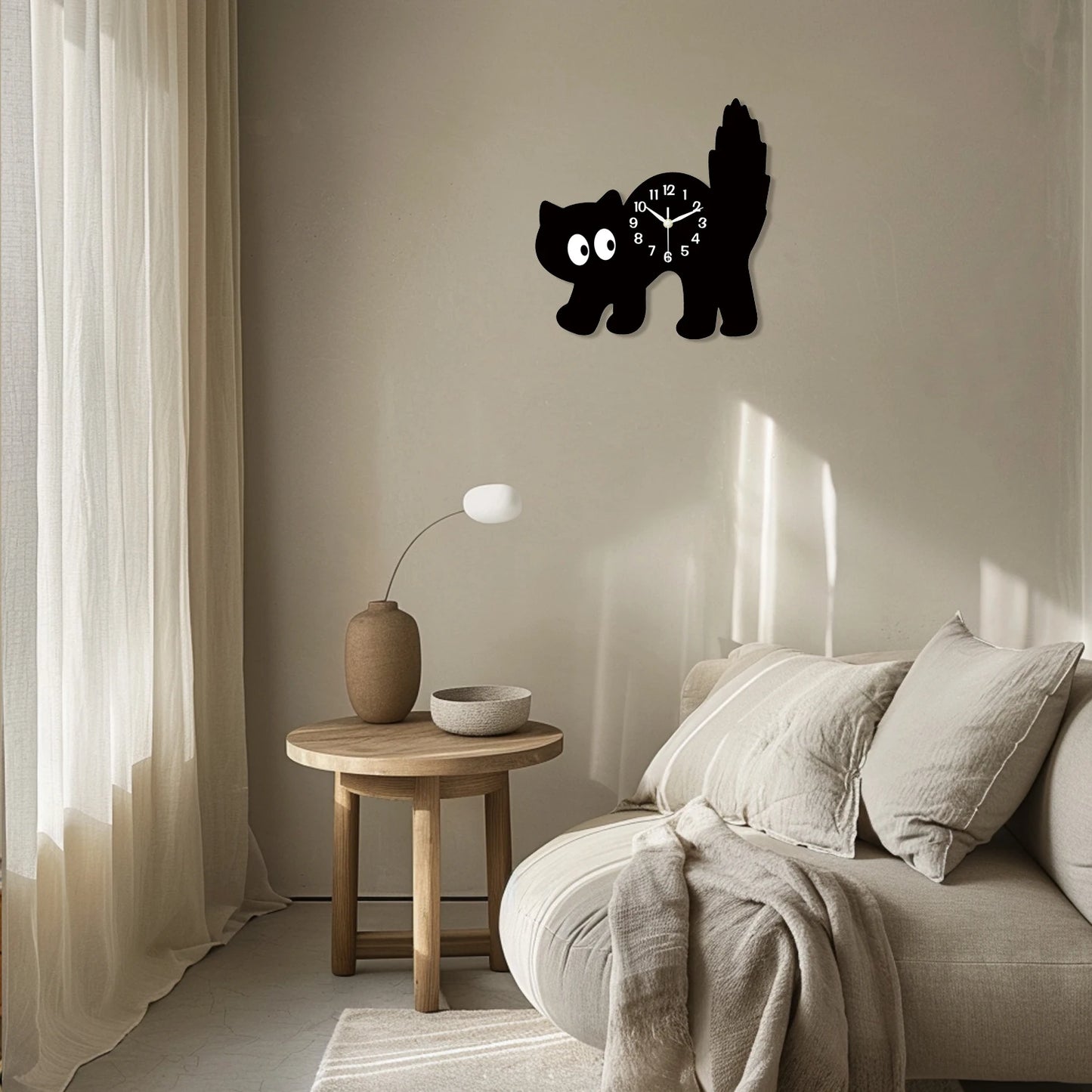 Fun Cute Black Cat Wooden Wall Clock