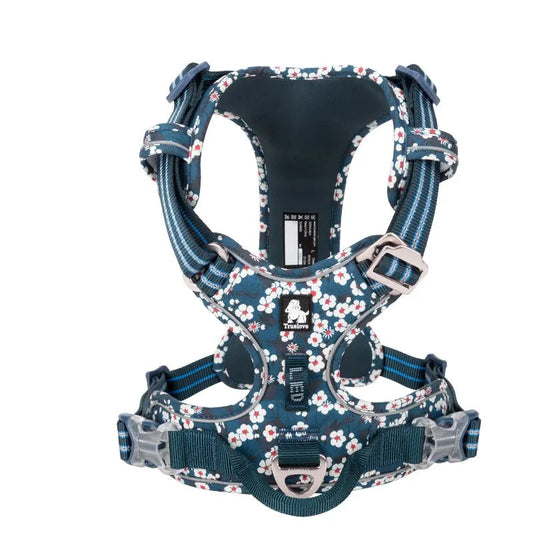 Blue Floral Adjustable Dog Harness with Top Handle