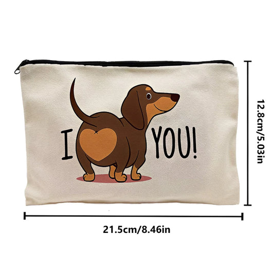 Dachshund Heart-Print Cosmetic Bag with Zipper