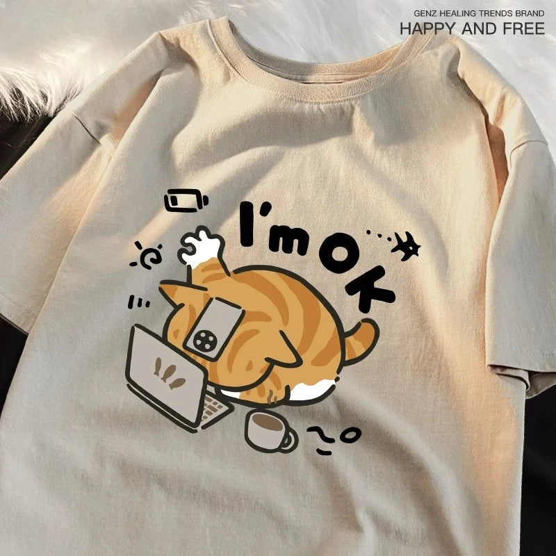 I'm OK Orange Cat Print T-Shirt