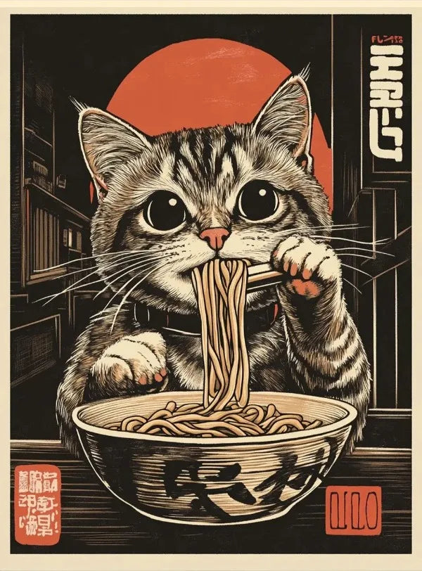 Vintage Cat Eating Ramen Poster Wall Art