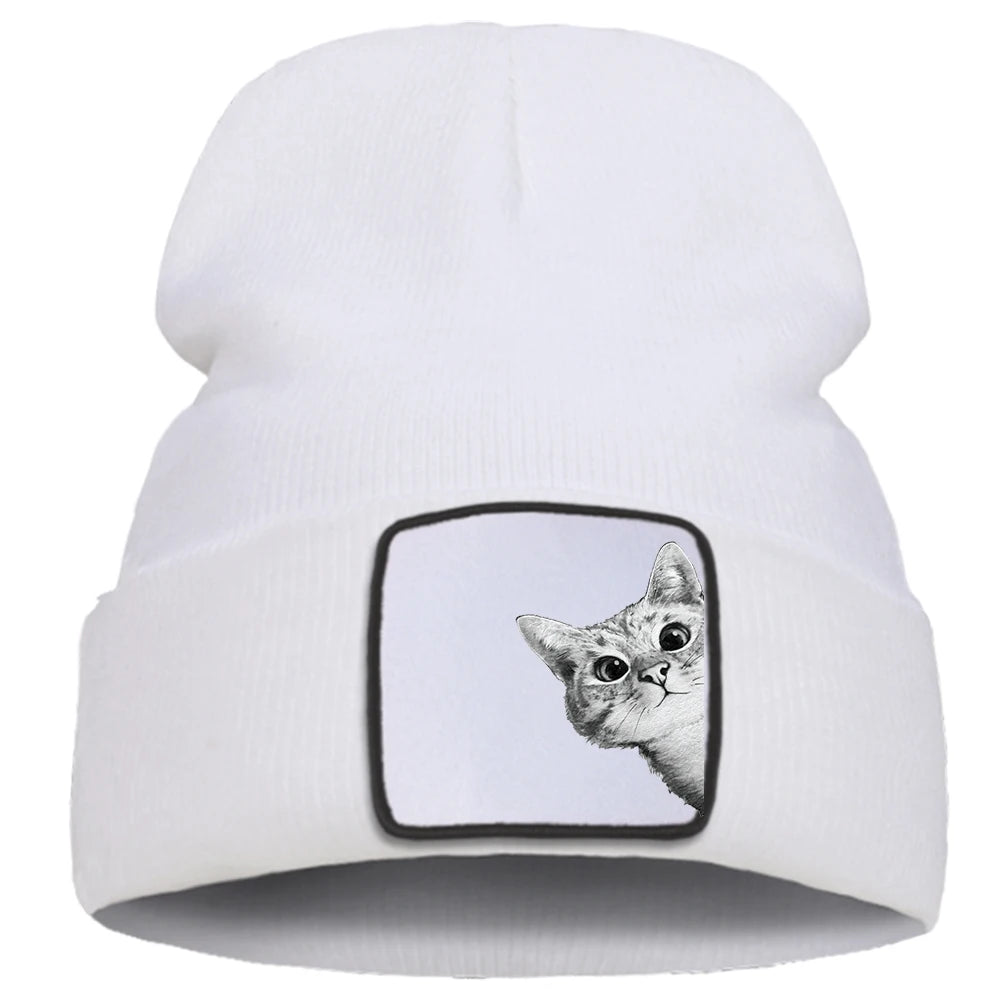 Cappello lavorato a maglia con stampa gatto