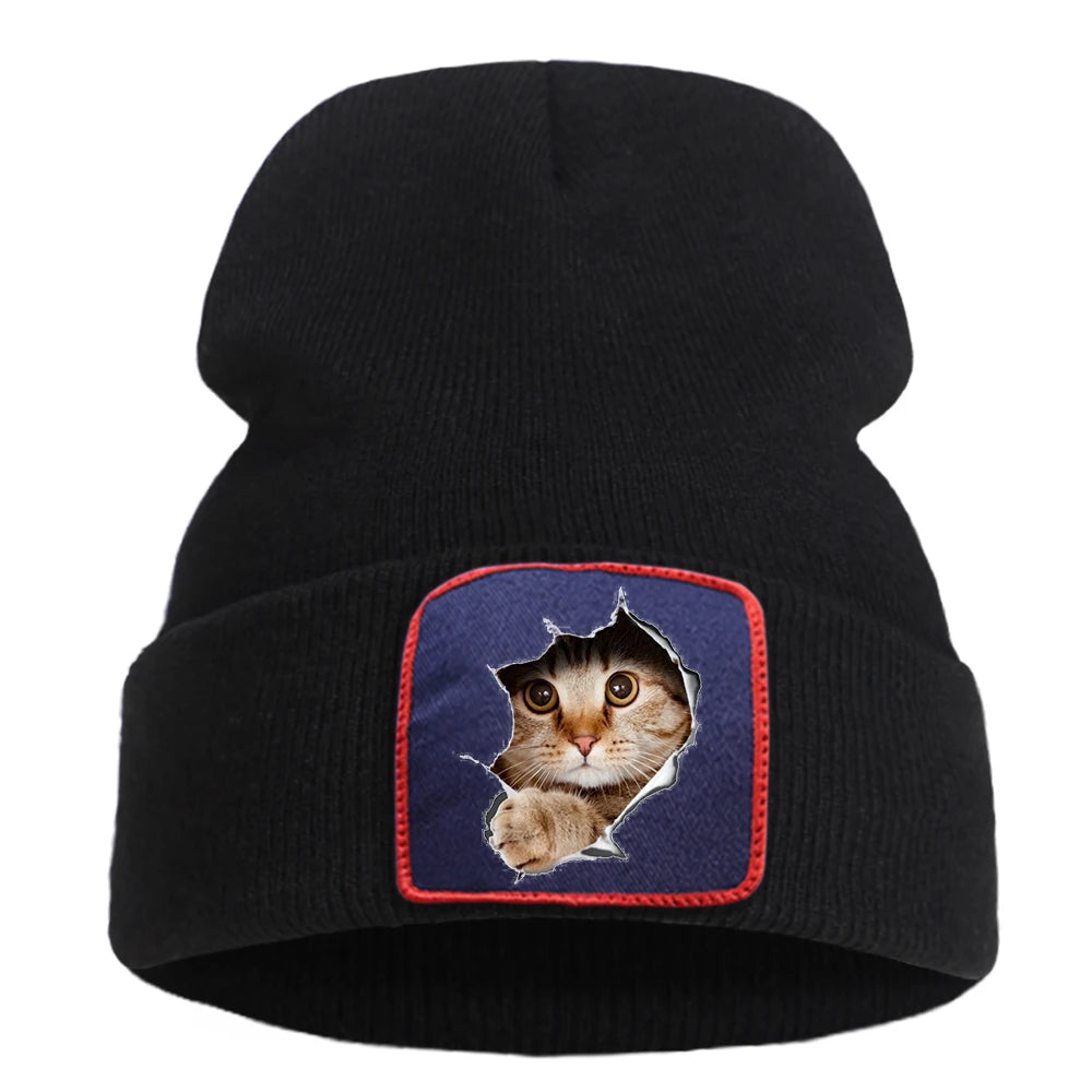 Cappello lavorato a maglia con stampa gatto