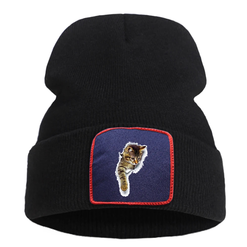 Cappello lavorato a maglia con stampa gatto