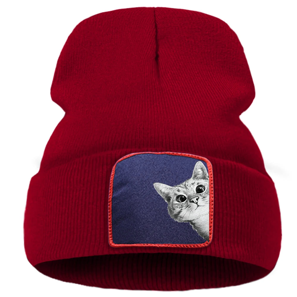 Cappello lavorato a maglia con stampa gatto