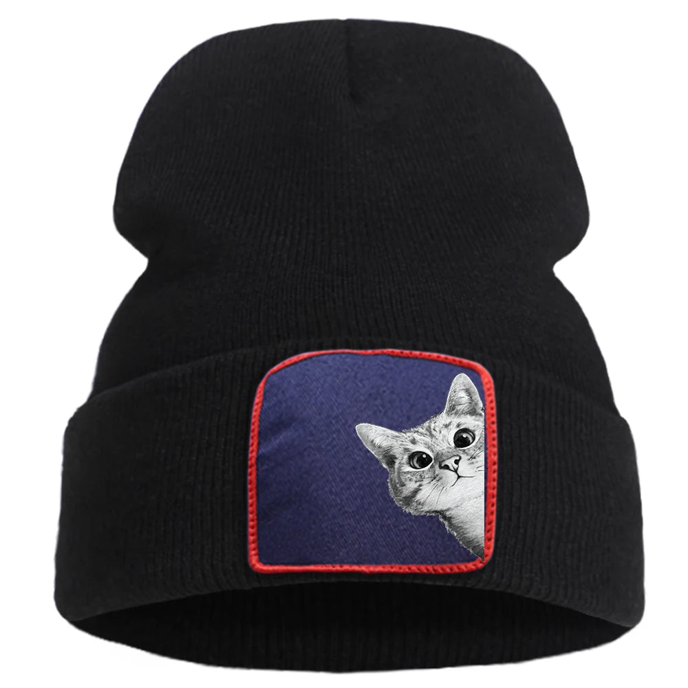 Cappello lavorato a maglia con stampa gatto