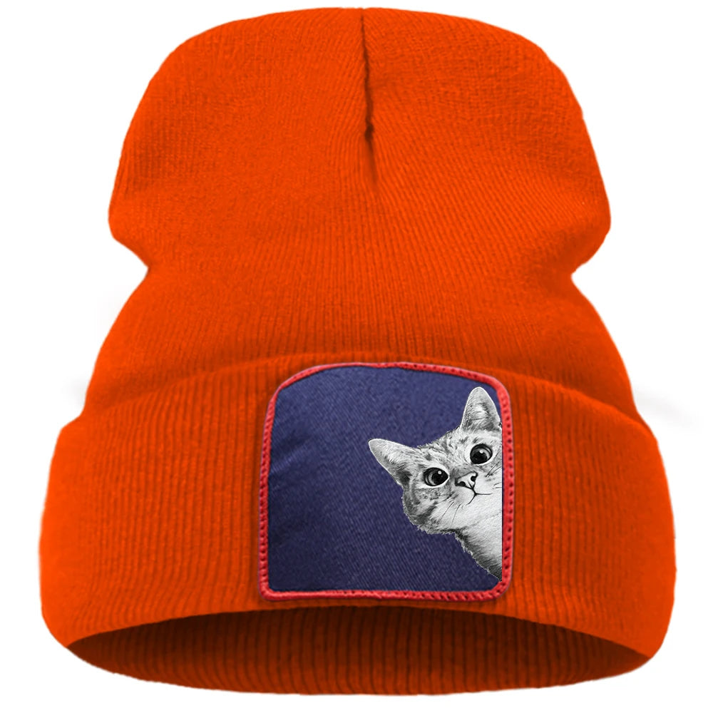 Cappello lavorato a maglia con stampa gatto