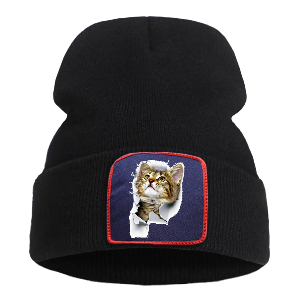 Cappello lavorato a maglia con stampa gatto