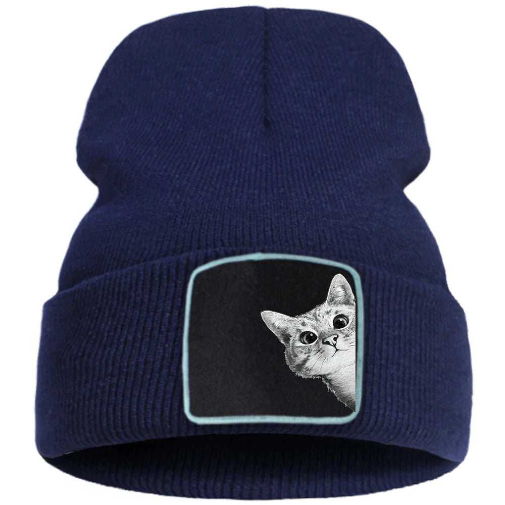 Cappello lavorato a maglia con stampa gatto