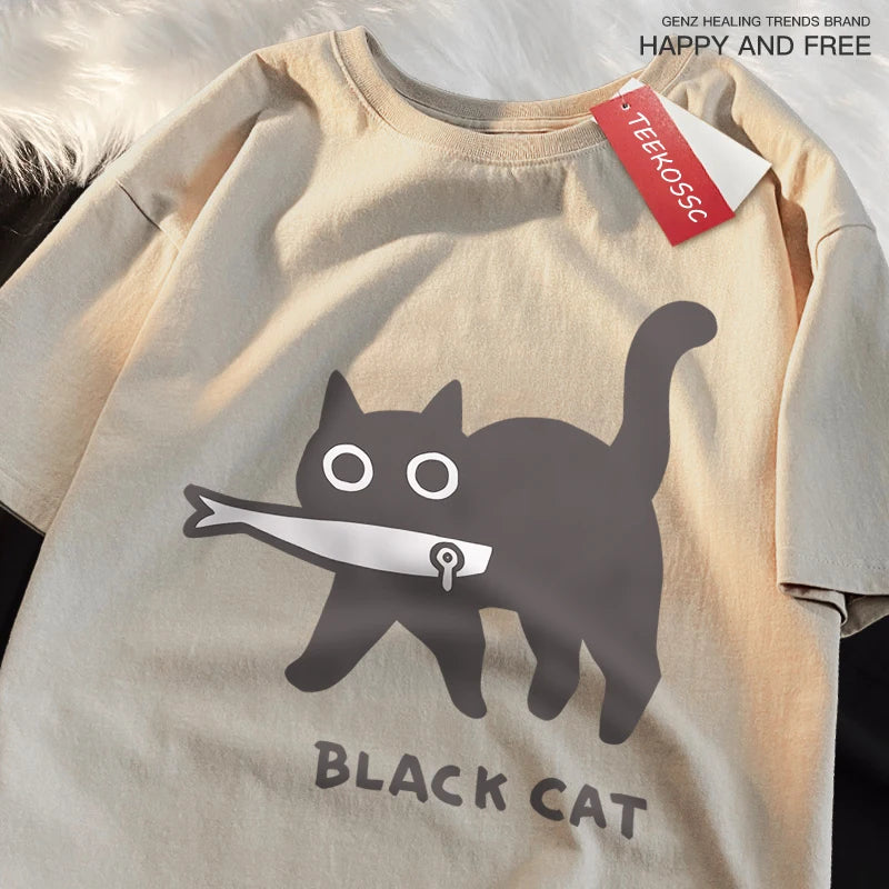 Black Cat Eating Fish T-Shirt