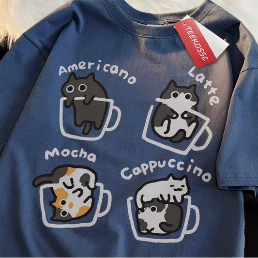 Cat Coffee Cotton T-Shirt