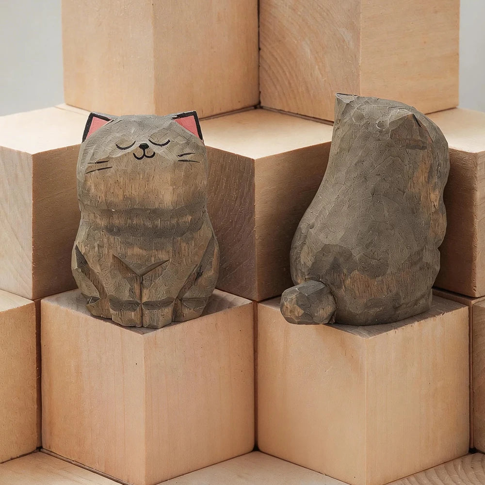 Wood Carving Kitten Statue Decor
