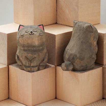 Wood Carving Kitten Statue Decor