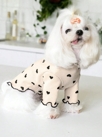 Heart-Print Waffle Dog Shirt with Ruffle Edges