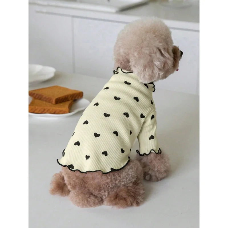 Heart-Print Waffle Dog Shirt with Ruffle Edges