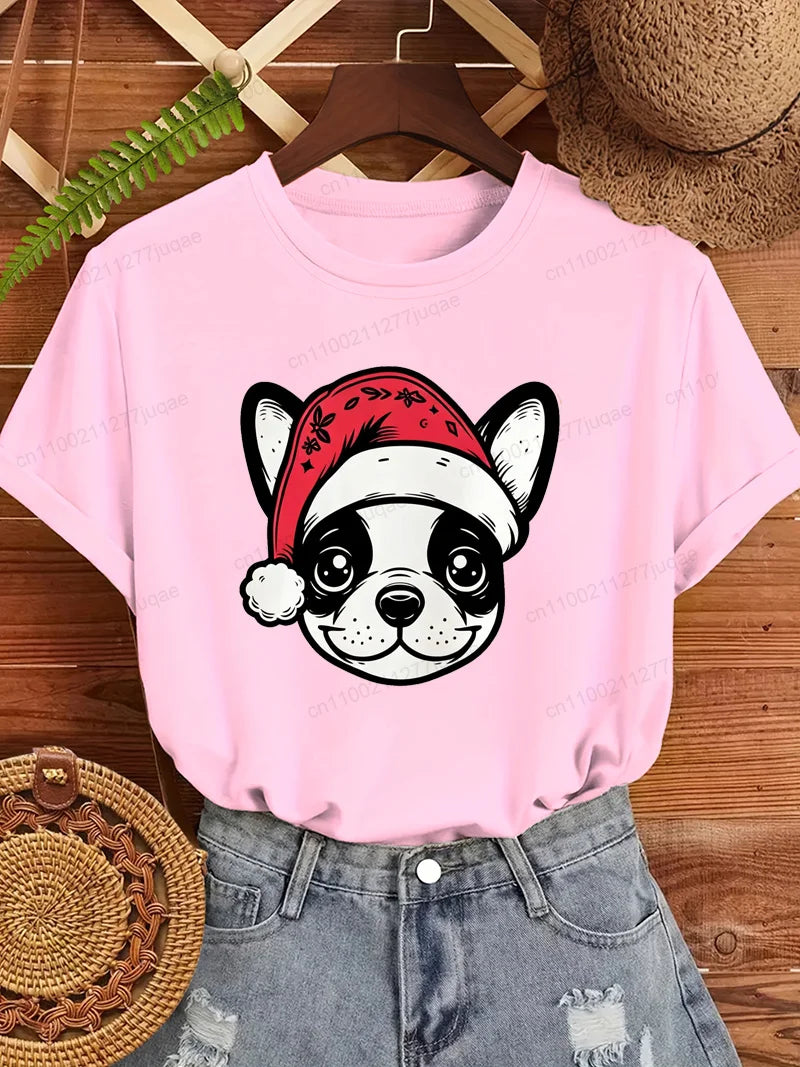 Women's Frenchie Christmas T-Shirt with Santa Hat Graphic