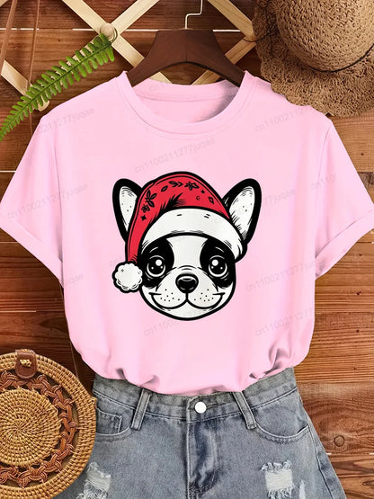 Women's Frenchie Christmas T-Shirt with Santa Hat Graphic