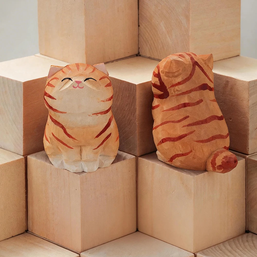 Wood Carving Kitten Statue Decor