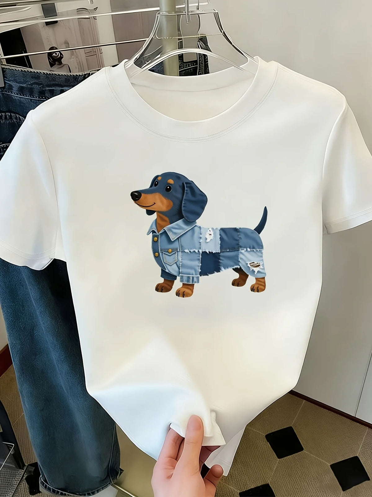Women's Dachshund Graphic T-Shirt with Denim-Style Artwork