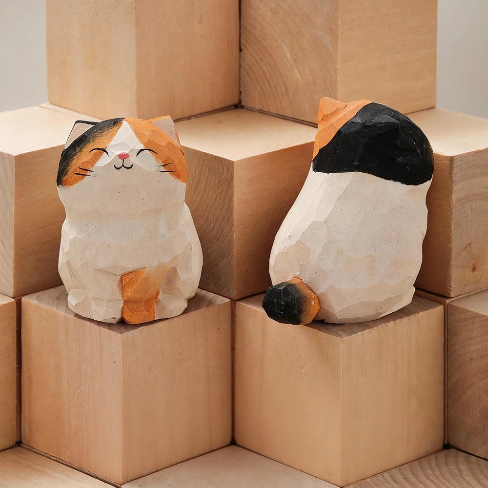 Wood Carving Kitten Statue Decor