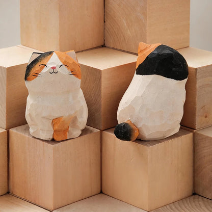 Wood Carving Kitten Statue Decor