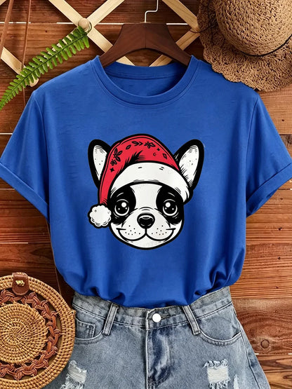 Women's Frenchie Christmas T-Shirt with Santa Hat Graphic