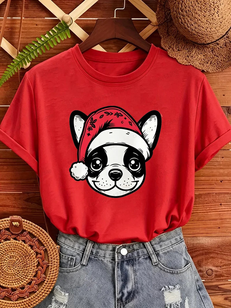 Women's Frenchie Christmas T-Shirt with Santa Hat Graphic