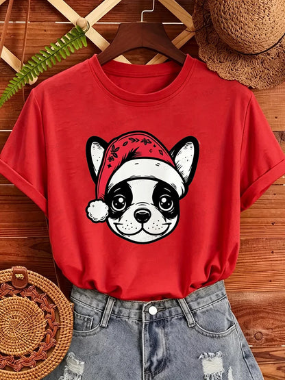 Women's Frenchie Christmas T-Shirt with Santa Hat Graphic