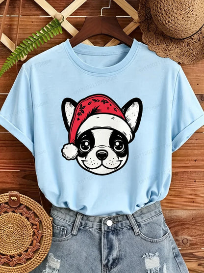 Women's Frenchie Christmas T-Shirt with Santa Hat Graphic
