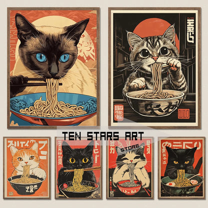 Vintage Cat Eating Ramen Poster Wall Art