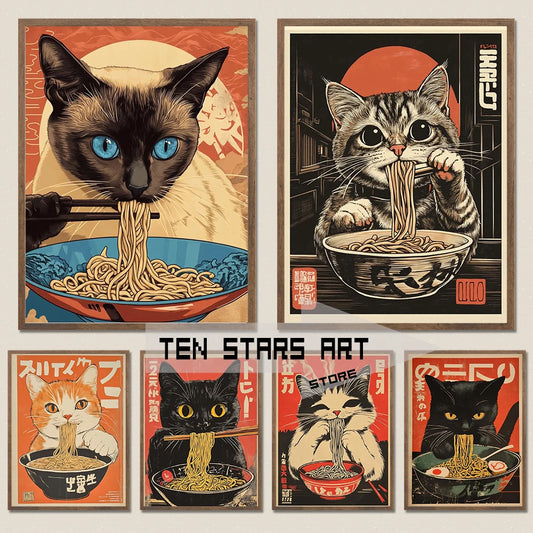Vintage Cat Eating Ramen Poster Wall Art