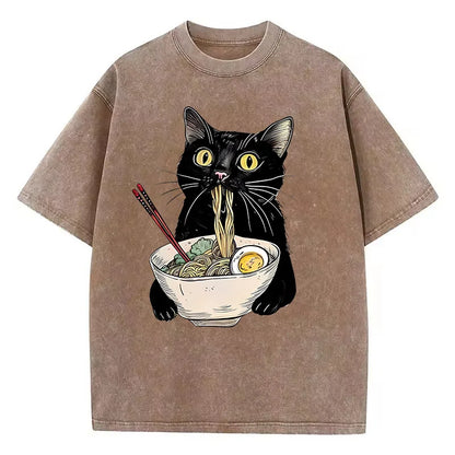 Camiseta retrô gato comendo ramen