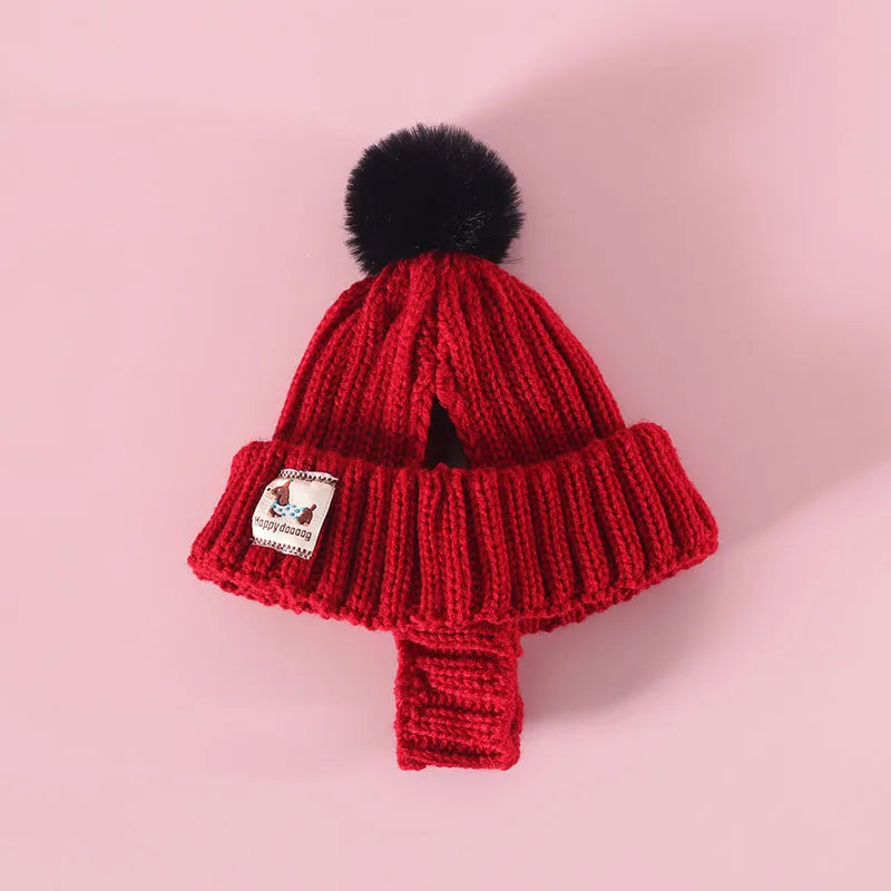 Ribbed Knit Pet Hat with Contrasting Pom-Pom