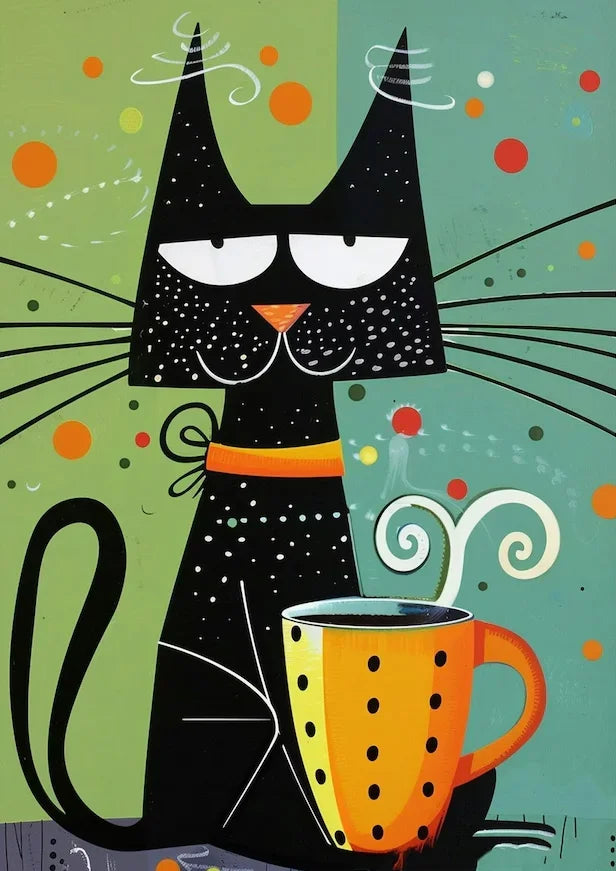 Schwarze Katze trinkt Kaffee-Poster