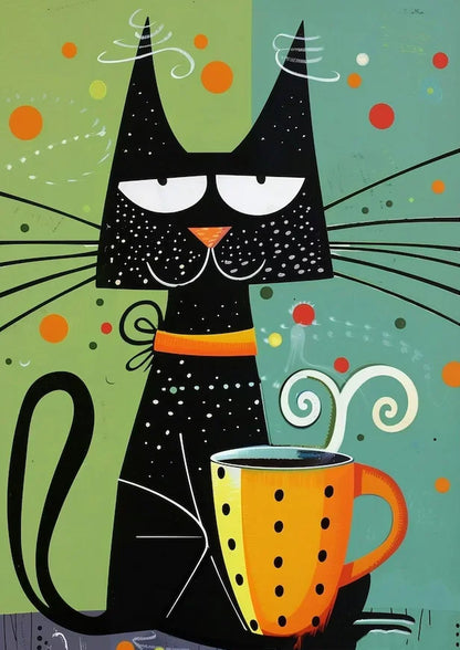 Schwarze Katze trinkt Kaffee-Poster