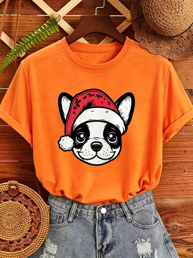 Women's Frenchie Christmas T-Shirt with Santa Hat Graphic