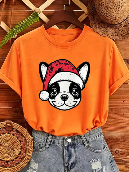 Women's Frenchie Christmas T-Shirt with Santa Hat Graphic