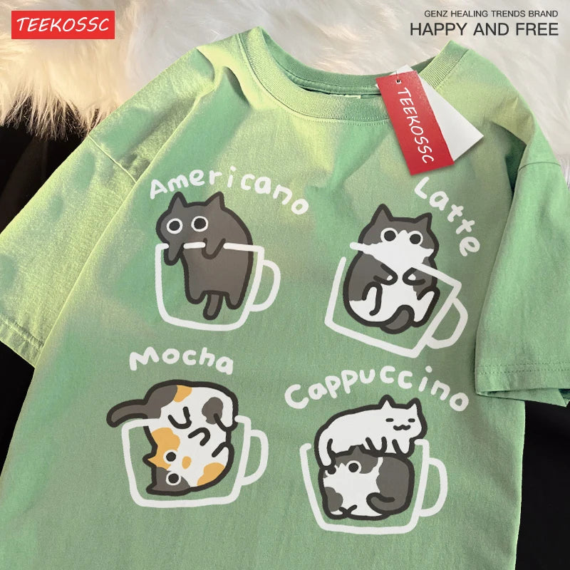 Camiseta de algodão café gato