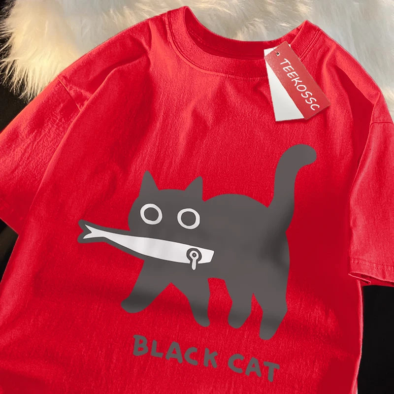Black Cat Eating Fish T-Shirt
