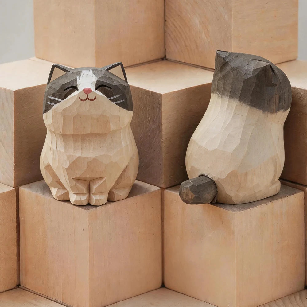 Wood Carving Kitten Statue Decor
