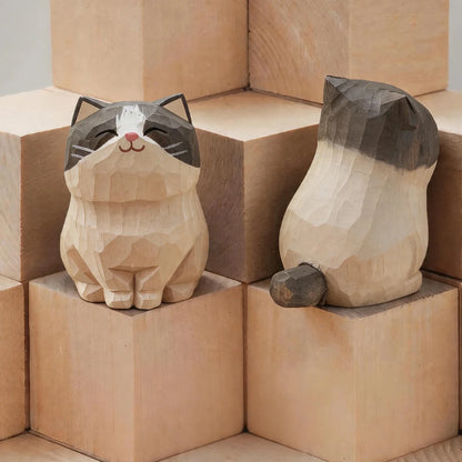 Wood Carving Kitten Statue Decor