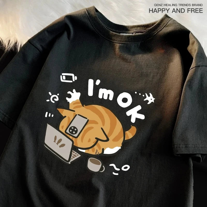 I'm OK Orange Cat Print T-Shirt