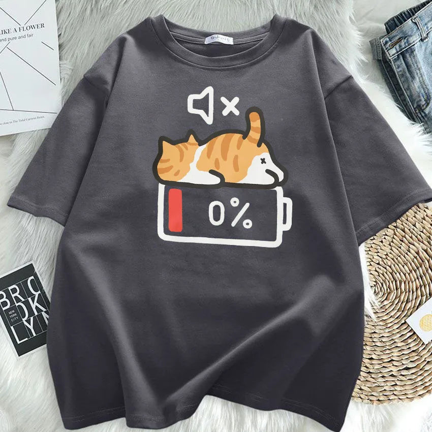 Battery Died Cat Cartoon Shirt