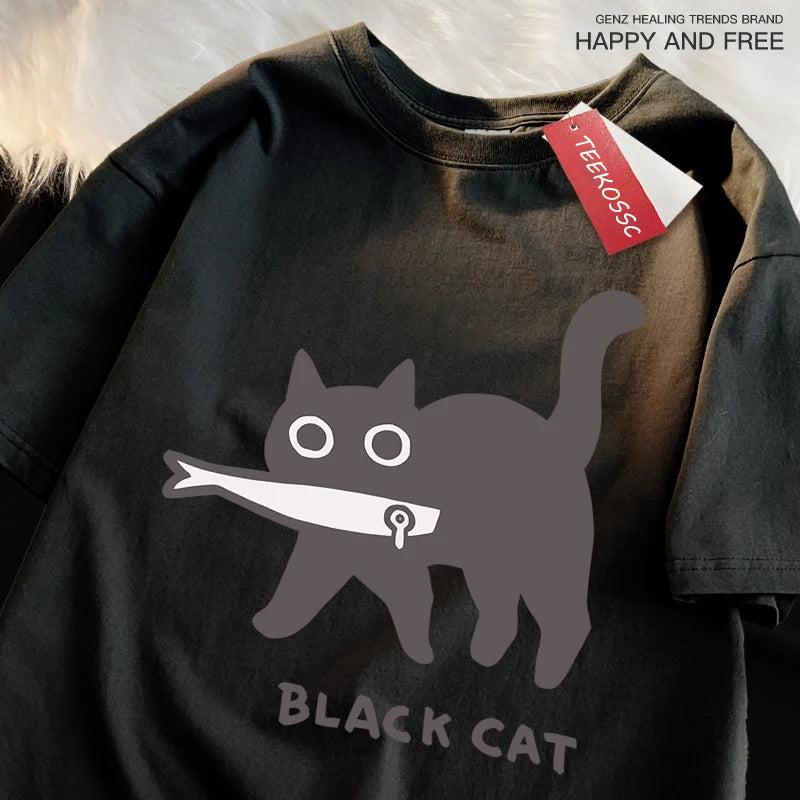 Black Cat Eating Fish T-Shirt